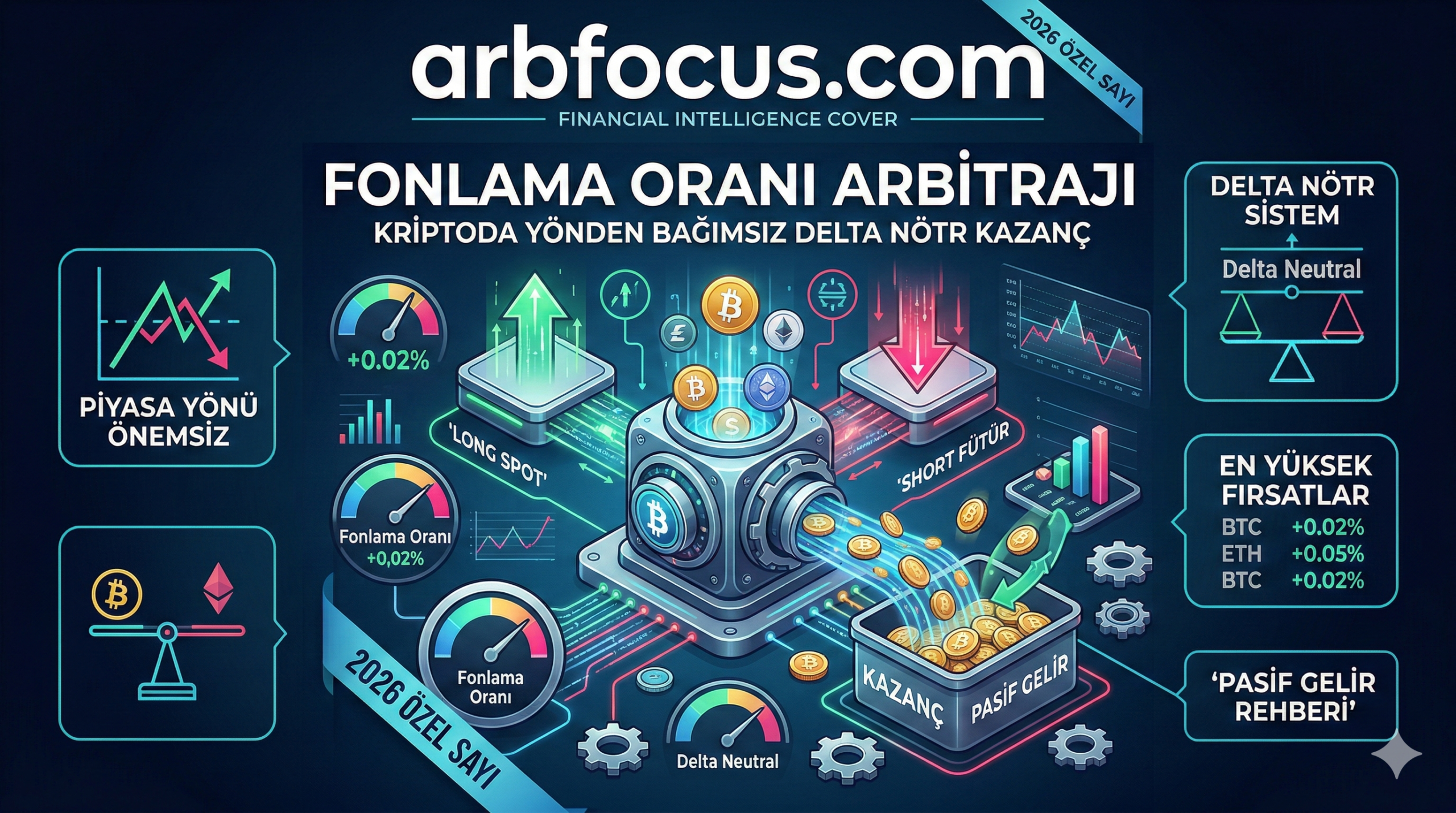 Fonlama oranı arbitrajı ile piyasanın yönünden bağımsız (Delta Nötr) risksiz kazanç elde etmeyi öğrenin. Vadeli ve spot piyasa farklarını ArbFocus ile yakalayın.